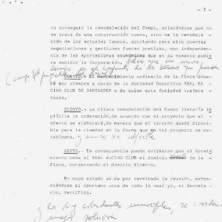 Acuerdo de adquisición de los Campos de Sport al Racing de Santander.