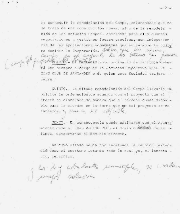 Acuerdo de adquisición de los Campos de Sport al Racing de Santander.