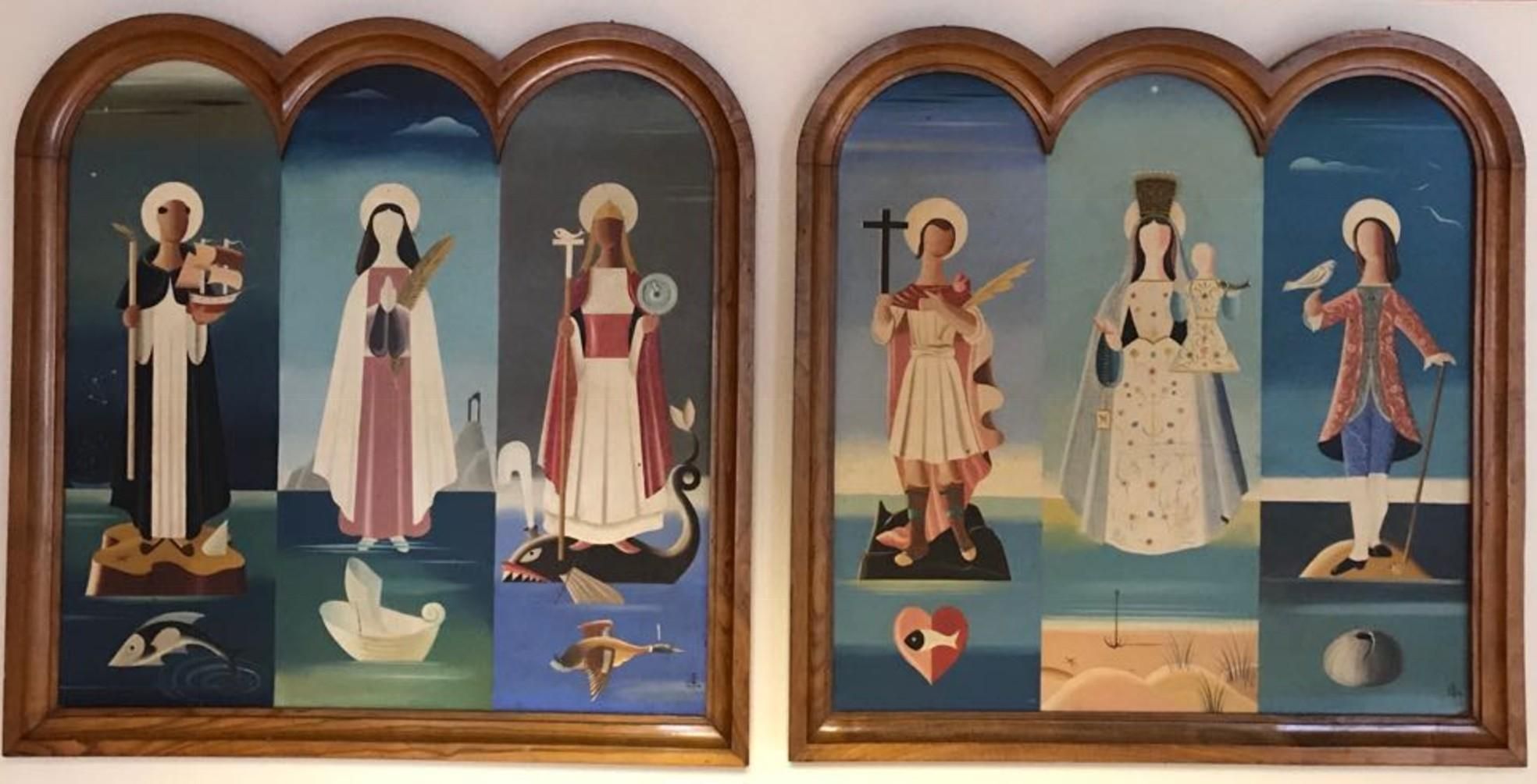 Los dos trípticos sobre santos que pintó Urbano Lugrís para la Casa do Pescador de Malpica (Bergantiños, A Coruña)