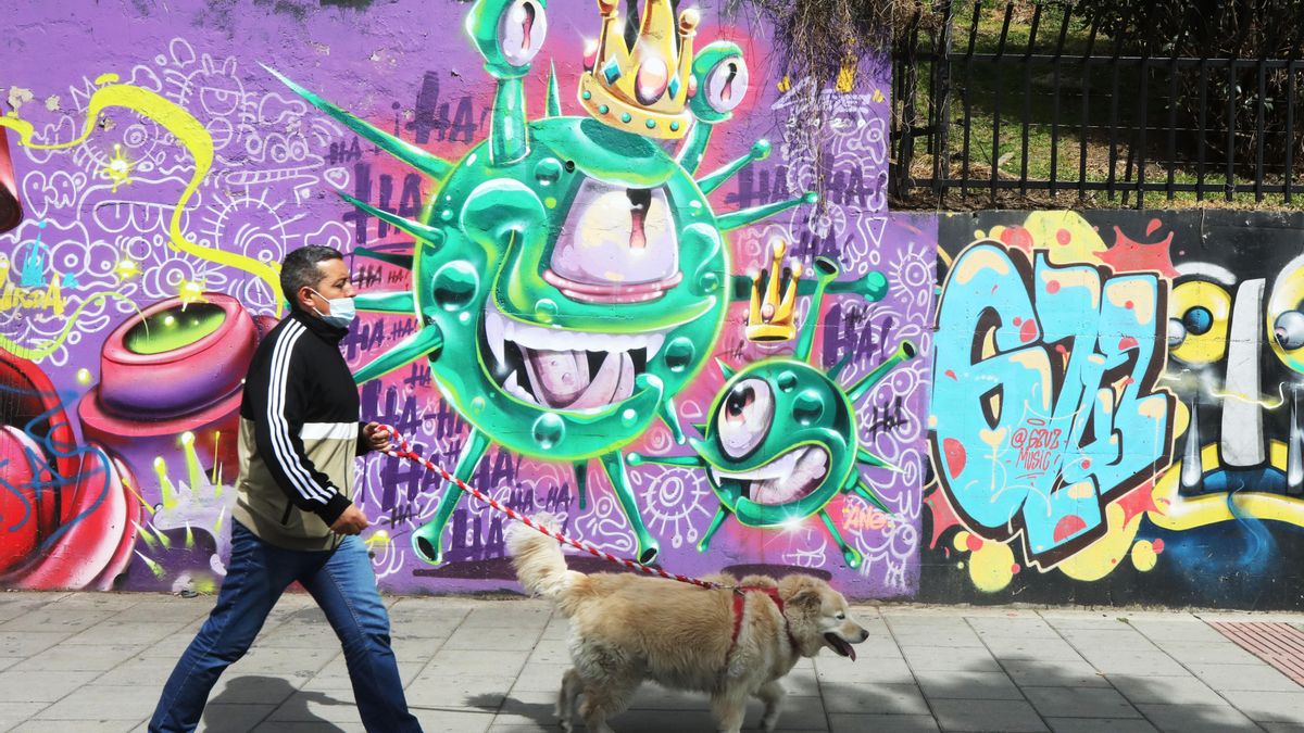 Un hombre y su perro fueron registrados este martes al caminar frente a un muro pintado con la figura del nuevo coronavirus, en una calle de Bogotá (Colombia). EFE/Carlos Ortega