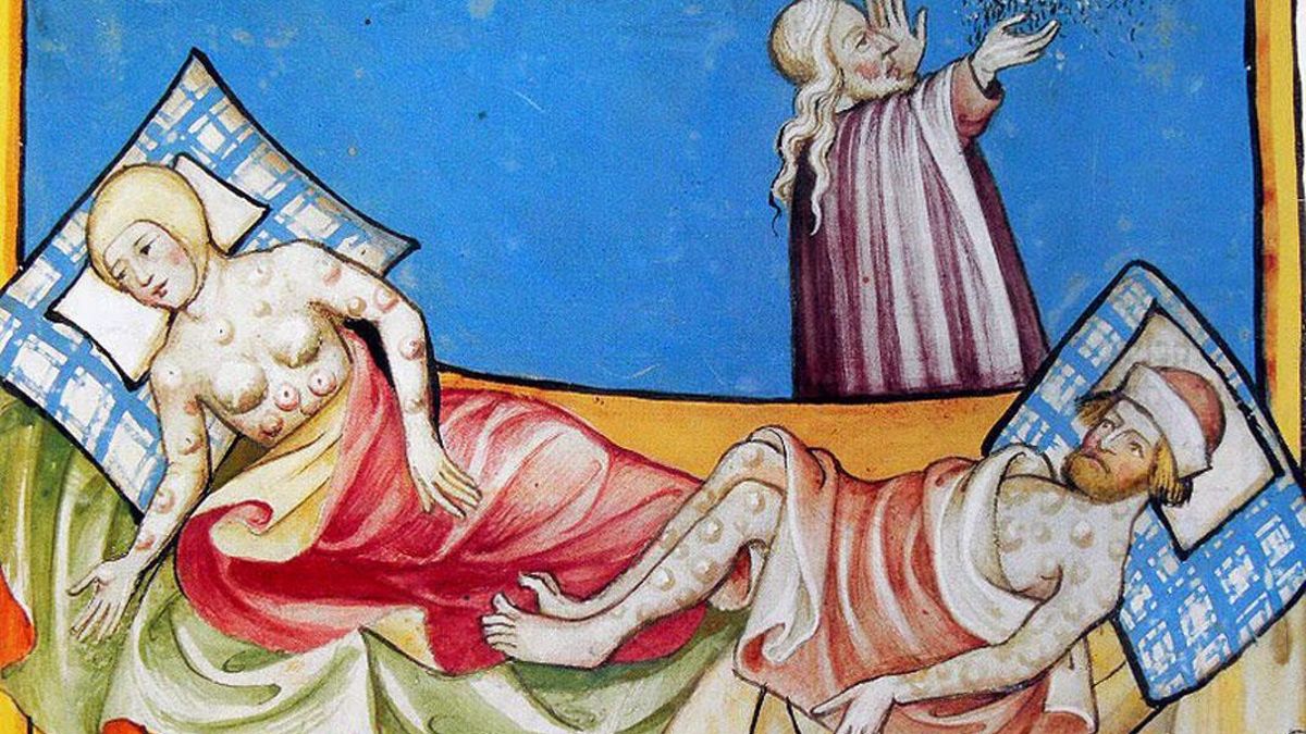 Retrato de la época de dos enfermos por la peste negra.