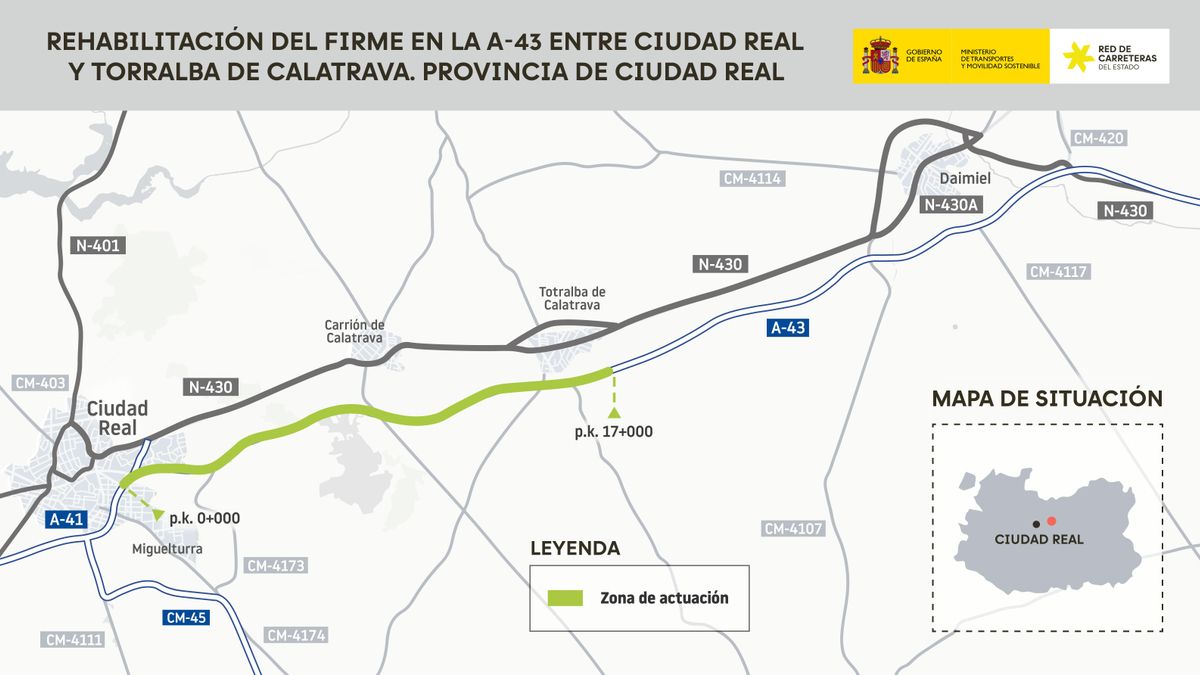 Seis millones de euros para rehabilitar el firme de la carretera A-43 entre Ciudad Real y Torralba de Calatrava