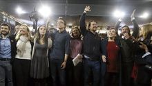 Pablo Iglesias, junto a Ada Colau y otros dirigentes de Podemos, en la pasada campaña electoral.