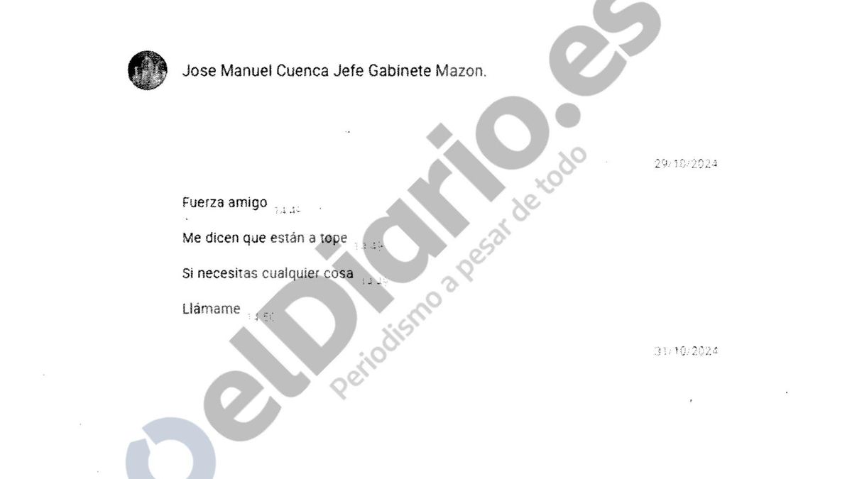 El jefe de gabinete de Mazón al alcalde de Utiel en plena catástrofe de la dana: "Si necesitas cualquier cosa, llámame"