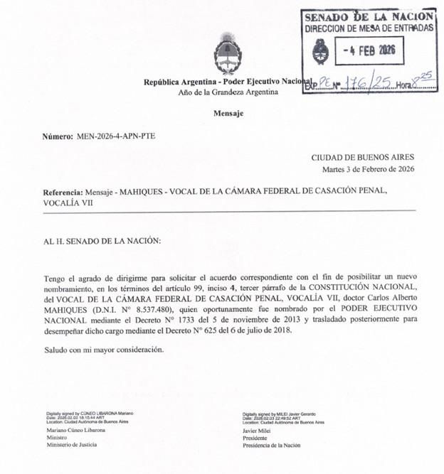 Texto remitido por el Poder Ejecutivo para la extensión del mandato de Carlos Mahiques como juez de Casación Federal.