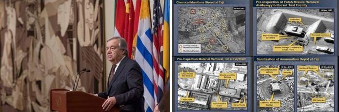 Izda.: El Secretario General de la ONU, Antonio Guterres, se dirige a los me¬dios en el pasillo que da acceso al Consejo de Seguridad, ante la reproducción del Guernica en febrero de 2017. Dcha.: Tomas desde satélites espía, convenientemente rotuladas, que fueron mostradas y comentadas por Colin Powell durante su intervención en la sesión de la ONU del 5 de febrero de 2003. Fuente: https://georgewbush-whitehouse.archives.gov/news/releases/2003/02/20030205-1.html (diapositivas 12 a 16).