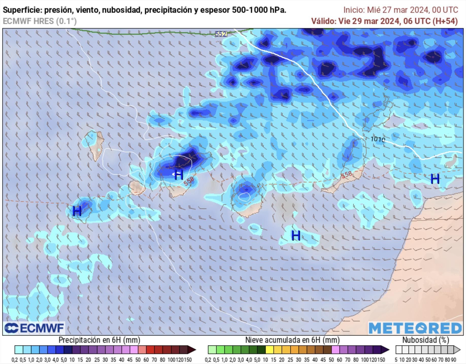 Mapa del frente atlántico que afectará a Canarias este viernes, según el modelo europeo.
