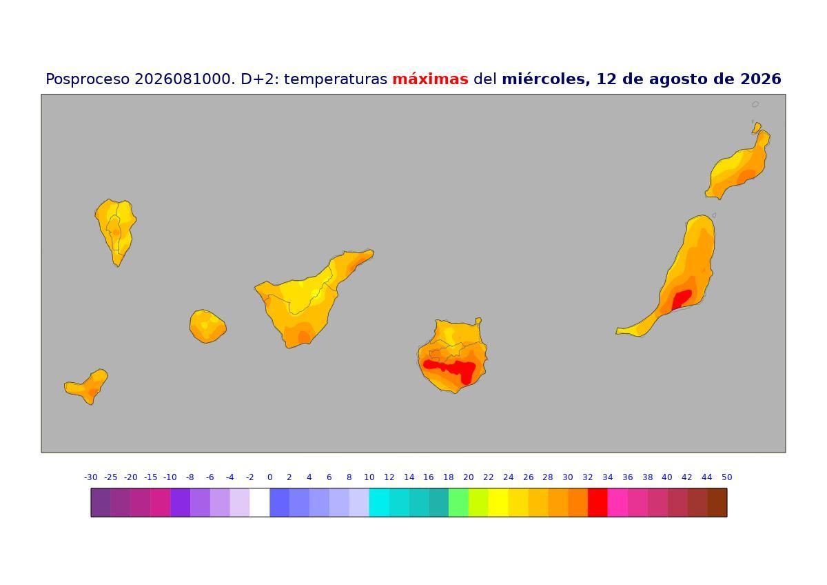 Mapa de temperaturas para el miércoles, 12 de agosto.