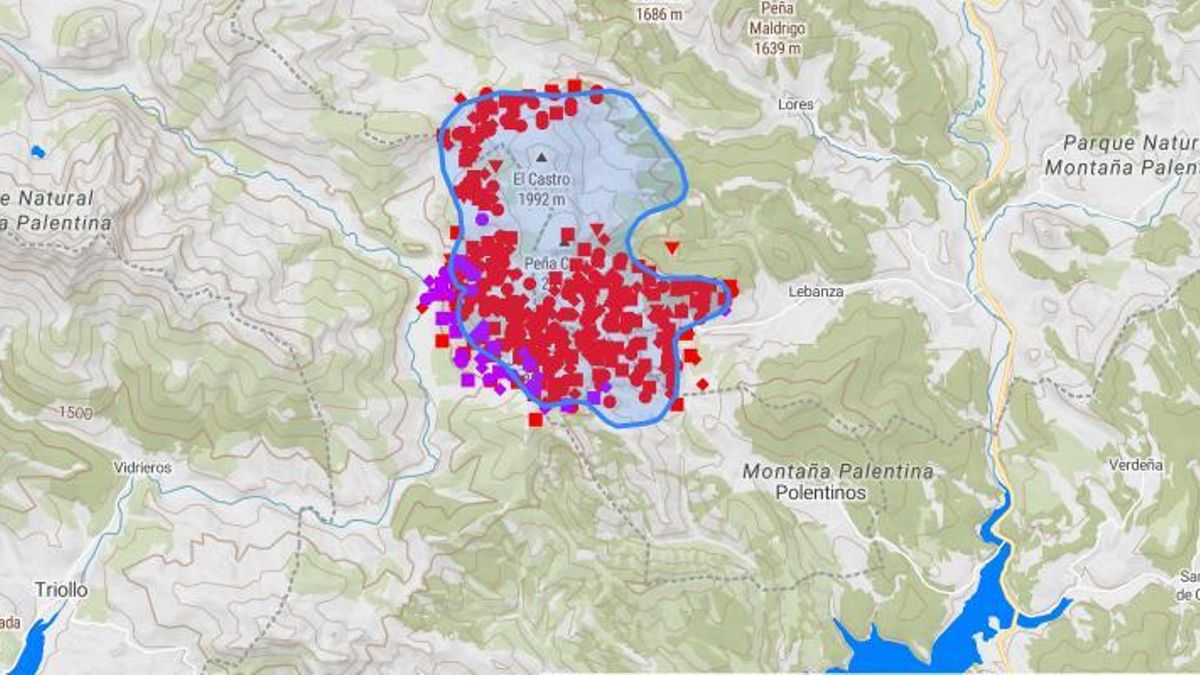 Visual del satélite Copernicus del incendio de la Montaña Palentina.