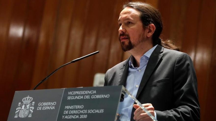 El vicepresidente segundo y ministro de Derechos Sociales y Agenda 2030, Pablo Iglesias, durante su intervención en la toma de posesión de altos cargos del departamento que preside este miércoles en Madrid.