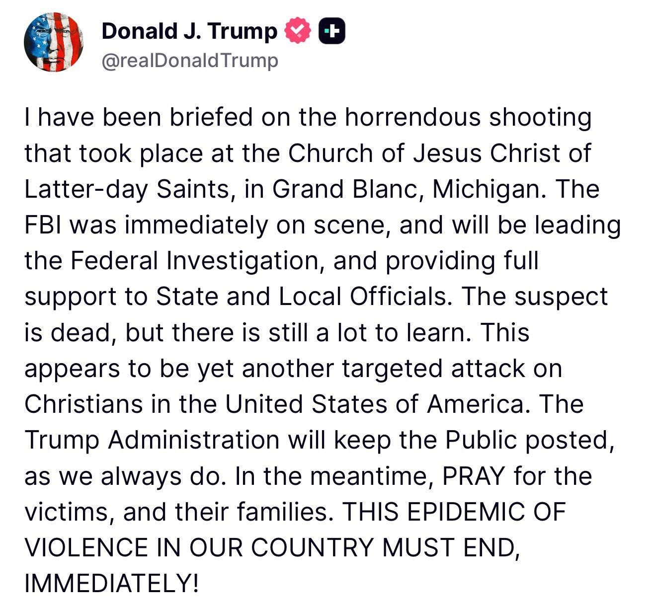 El mensaje de Donald Trump tras el tiroteo en una iglesia en Michigan.