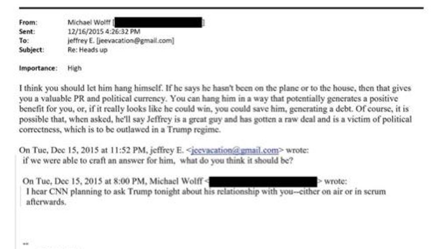 Mail de 2015: Epstein y Michael Wolff hablan de cómo podría responder Trump a una pregunta de la prensa sobre su relación.