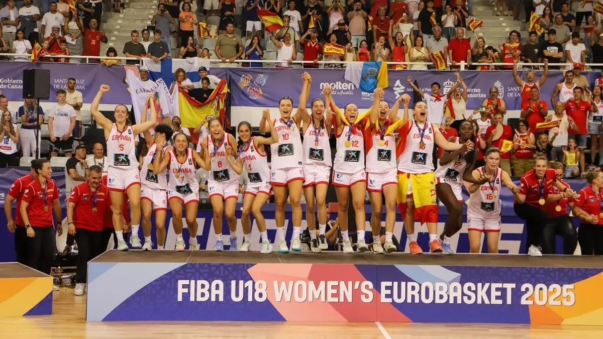 Imagen de  archivo de jugadoras y cuerpo técnico de la selección española sub18 celebrando su victoria en el Eurobasket tras derrotar a la selección de Finlandia en el encuentro  disputado el pasado 14 de julio en Santa Cruz de la Palma.
