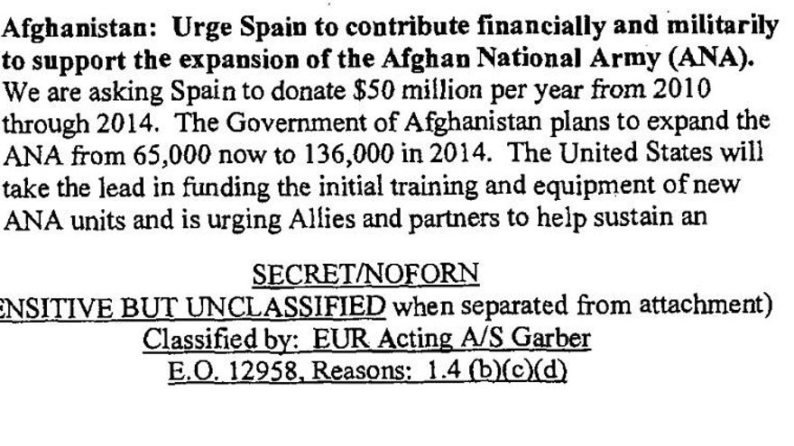 Recorte de uno de los documentos del Departamento de Estado sobre España y Afganistán