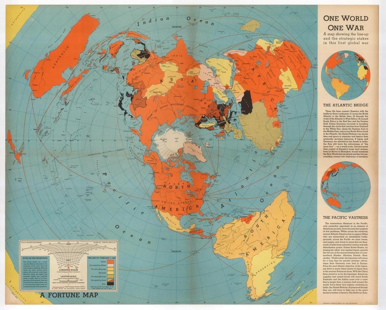 Mapa elaborado por Richard Edes Harrison y popularizado durante la Segunda Guerra Mundial