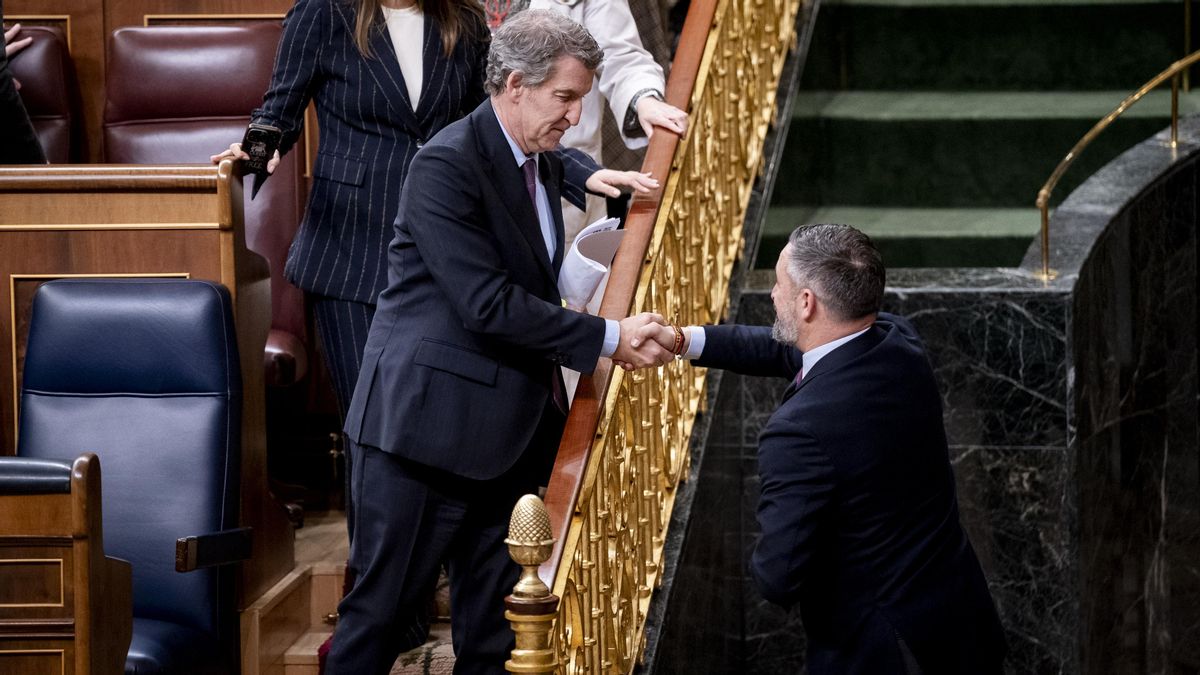 Los líderes del PP, Alberto Núñez Feijóo, y de Vox, Santiago Abascal, se saludan el pasado mes de febrero durante un pleno del Congreso.