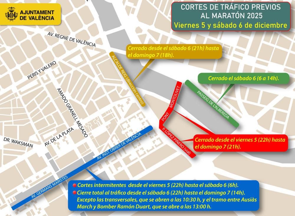 Cortes de tráfico el viernes y sábado por la maratón de València.