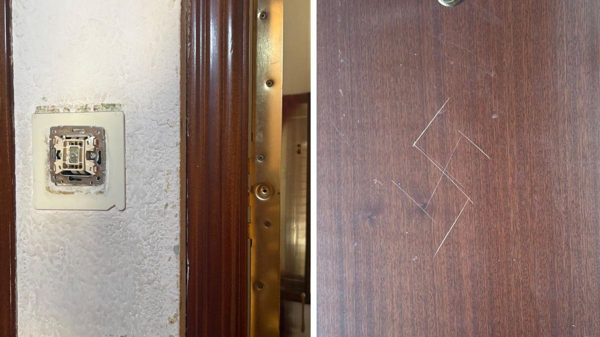A la izquierda, el portero arrancado de cuajo; a la derecha, una esvástica dibujada en una puerta.