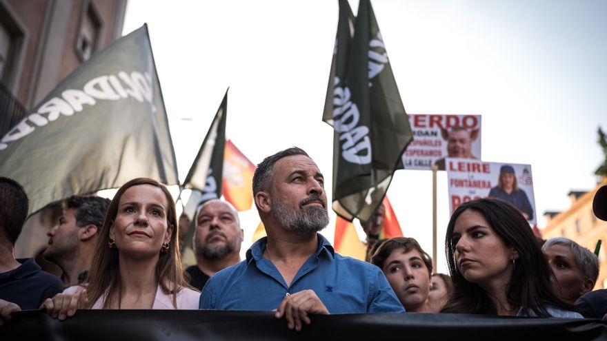 Santiago Abascal y Pepa Millán durante una marcha para pedir la dimisión de Sánchez el pasado mes de junio en Madrid.