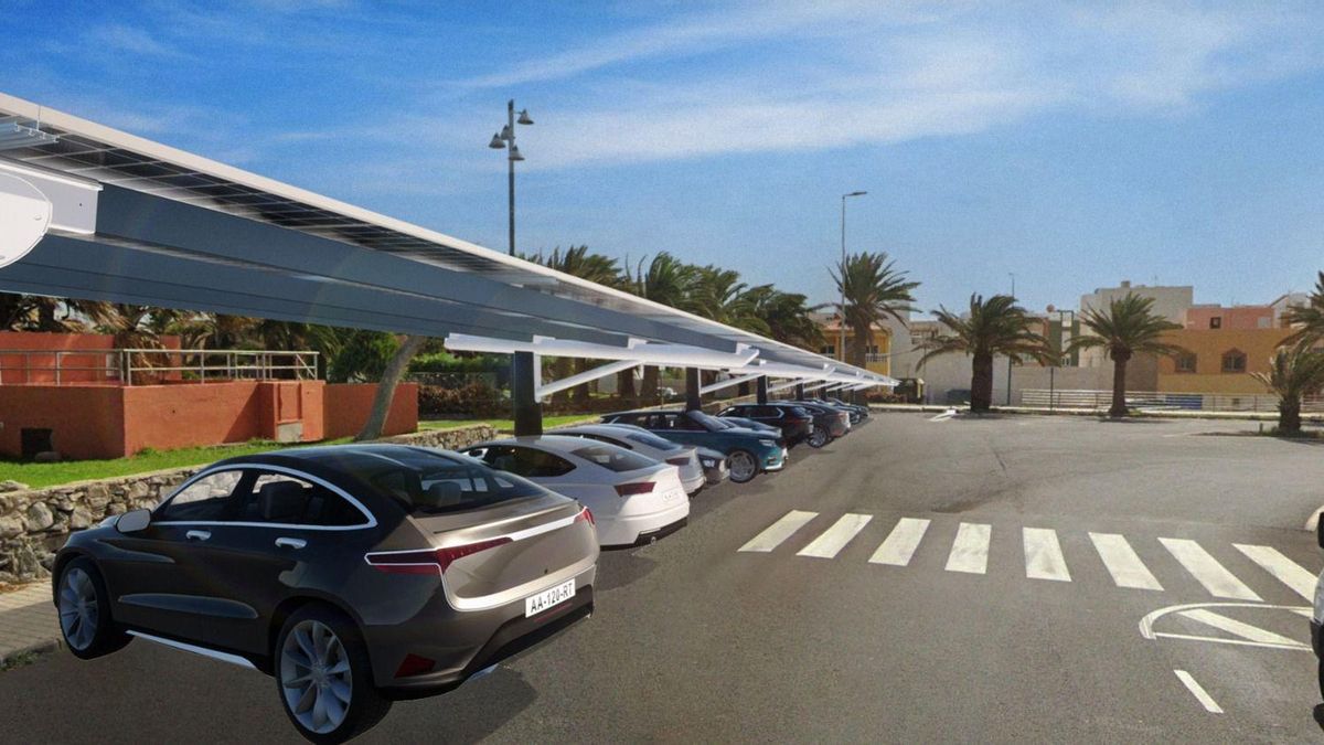 Infografía de marquesinas fotovoltaicas con almacenamiento en el Polígono Industrial de Arinaga.