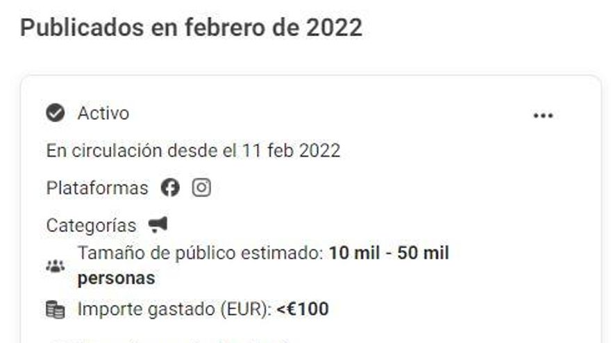 Imagen del anuncio activo en el Facebook del PP de Zamora