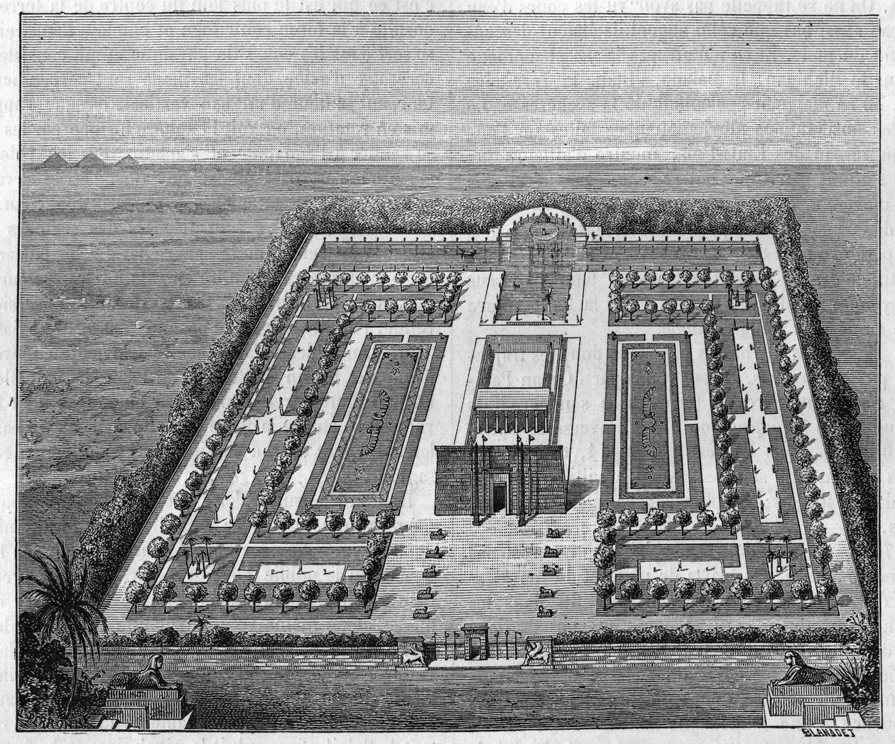 Jardín egipcio en la época de los faraones. Grabado en la revista “La Nature”. 16 de agosto de 1879. París.