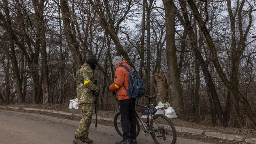 Un integrante de las Fuerzas Territoriales de Defensa comprueba la documentación de una persona en una carretera al este de Kiev.