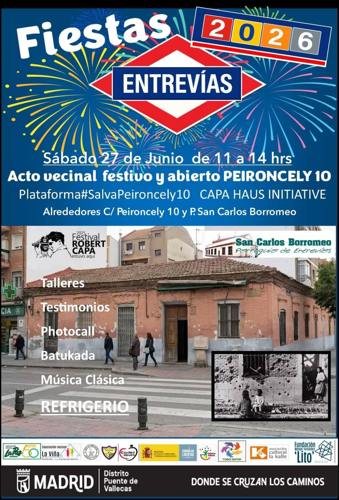 Cartel del acto vecinal que se celebrará en Peironcely 10 con motivo de las fiestas de Entrevías