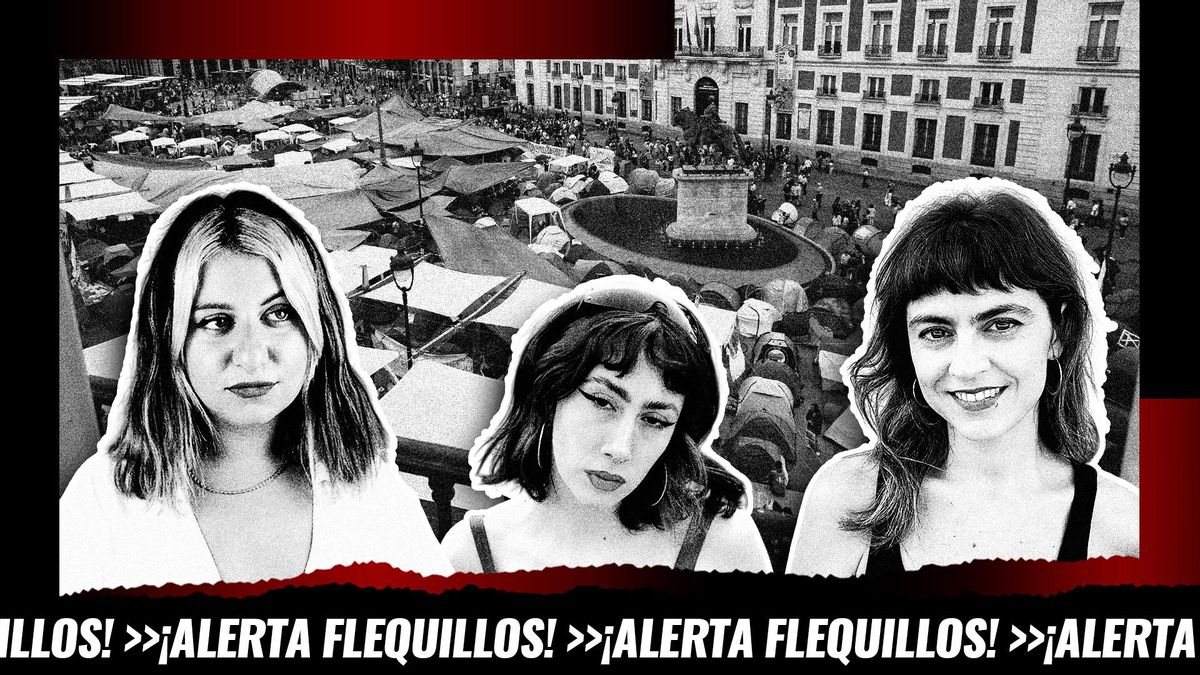Montaje: las protagonistas de este programa (La Prados, Lu Antimorbo y Adela x dios) sobre una fotografía de la Puerta del Sol durante la acampada pro vivienda de 2026