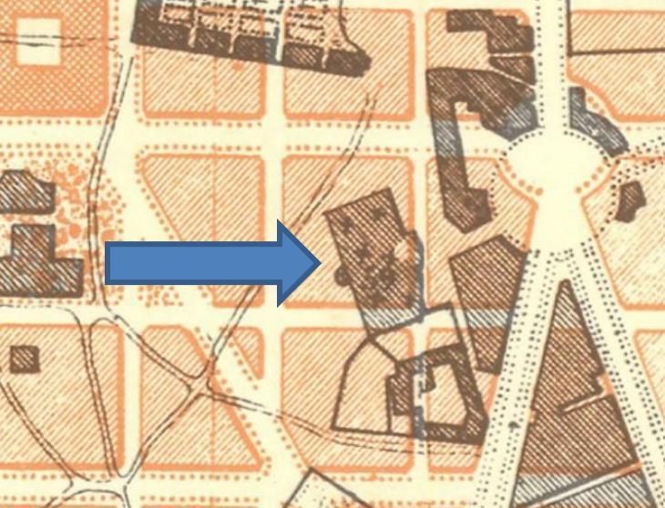 Mapa del proyecto de ensanche de Madrid (1857) sobre el que se señala la ubicación del Cementerio General del Norte, en la zona de la calle Arapiles