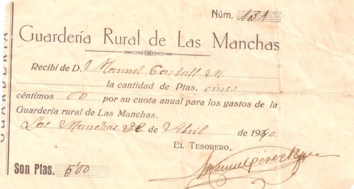 Recibo de la cuota del Servicio de Guardería Rural de Las Manchas.