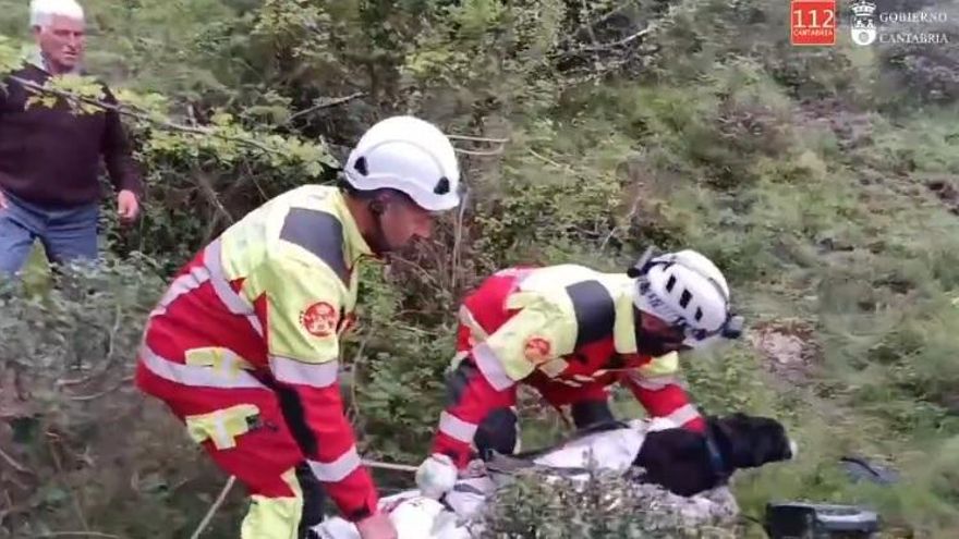 Bomberos del 112 rescatan a un perro que llevaba 20 días en un sima en San Sebastián de Garabandal