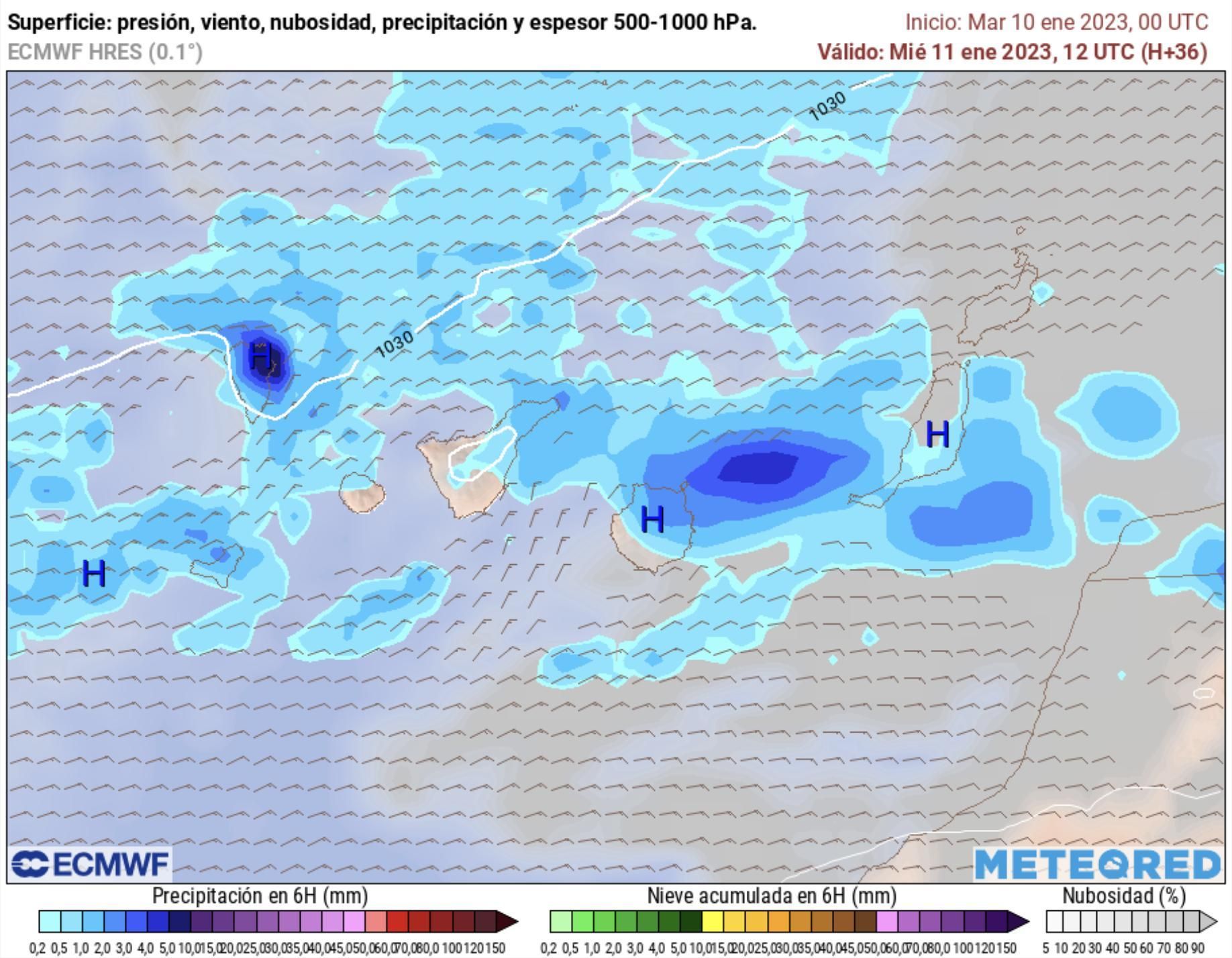Previsión de lluvia en Canarias para el miércoles, según el modelo europeo