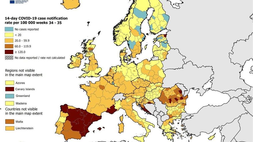 Visualización del Centro Europeo para la Prevención y Control de Enfermedades del pasado 2 de septiembre. En ella se observa la tasa de notificación de casos de COVID-14 en los últimos 14 días. Varias regiones españolas, coloreadas en rojo, se encuentran entre las que tienen una mayor incidencia, con la Comunidad de Madrid a la cabeza a nivel europeo.