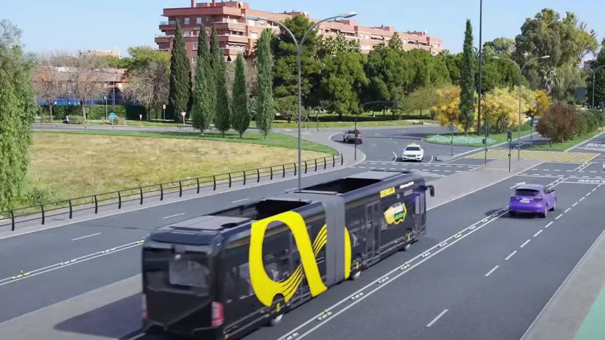 Recreación del tranvibús que circulará entre Santa Justa y Sevilla Este.