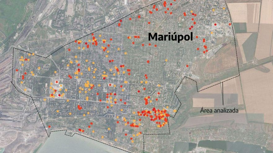 Análisis de los edificios dañados en un barrio de Mariúpol
