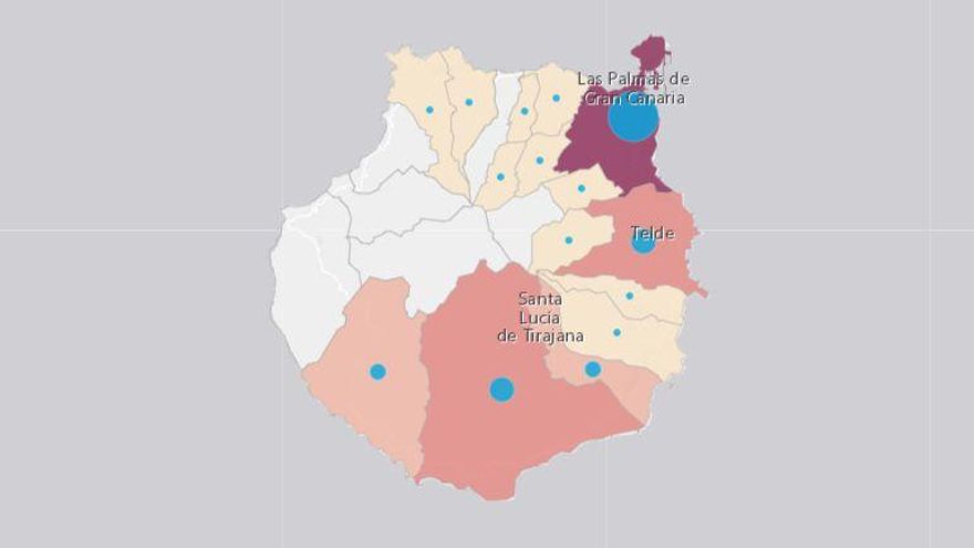 Municipios con casos activos de coronavirus este martes, 5 de enero. Los colores oscuros marcan un mayor número de enfermos, y los colores claros, un menor número de pacientes
