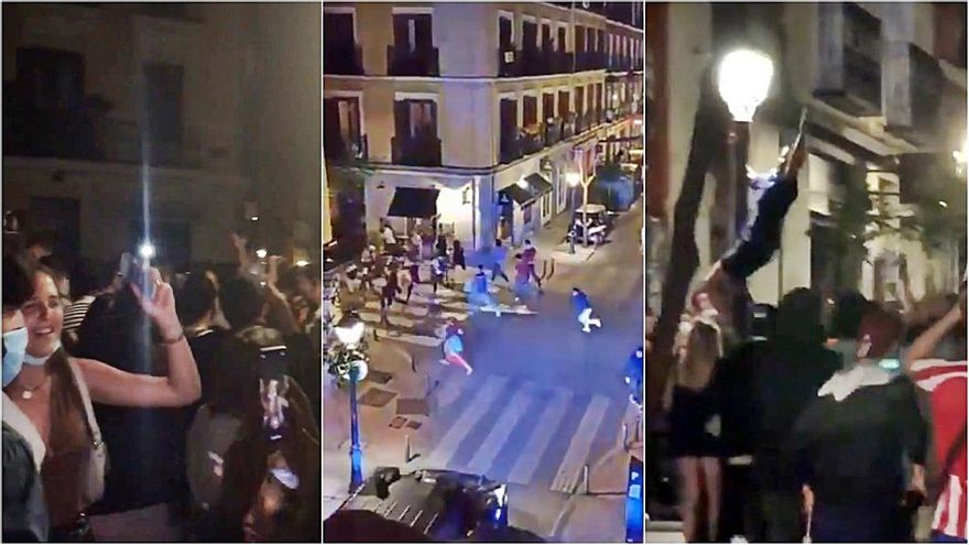 Botellón, gritos de "¡libertad!" y "¡ayusers aquí!", fiesta y cargas policiales en Malasaña al final del estado de alarma