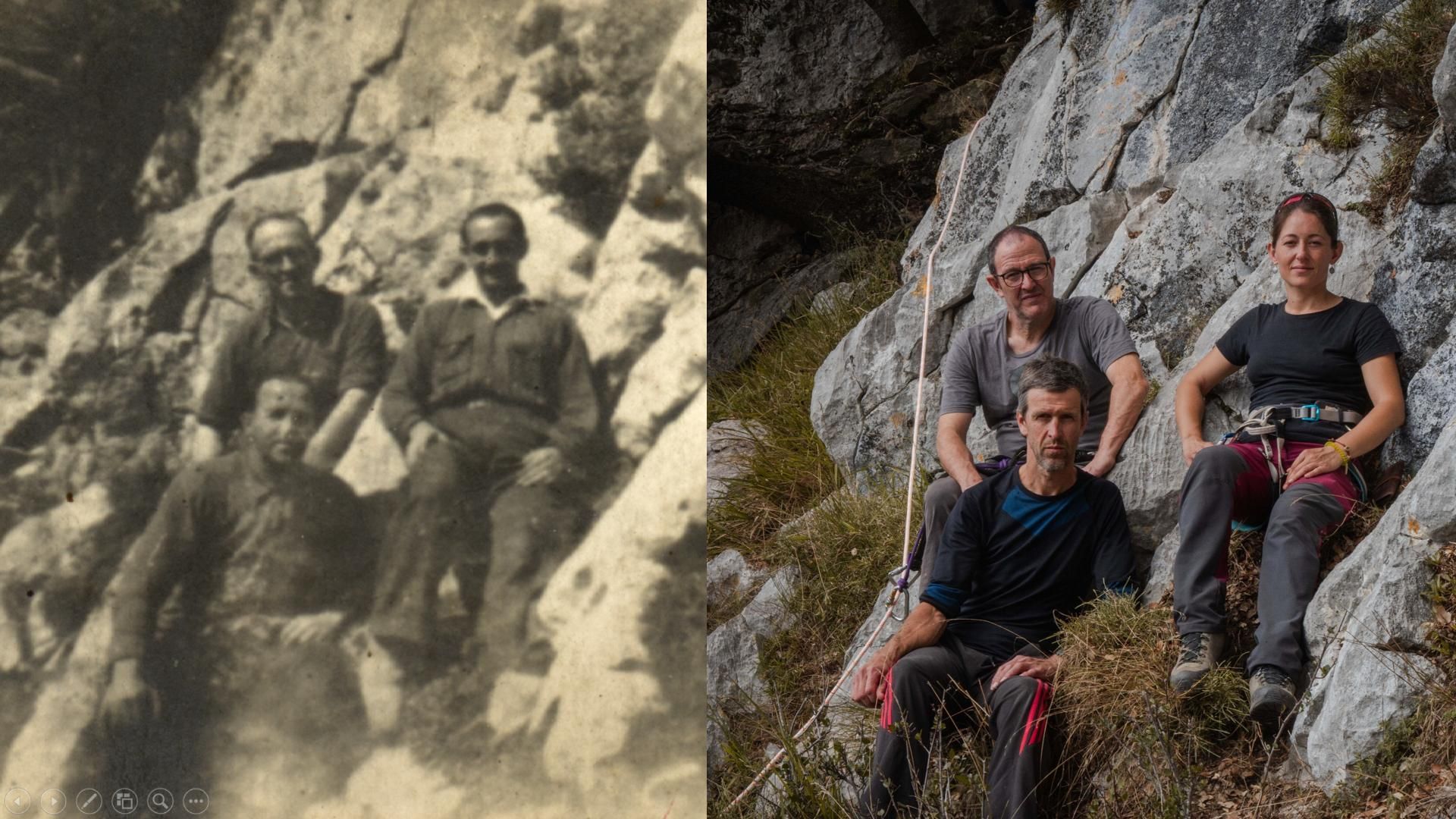 Montaje con la foto histórica y una recreación en el mismo lugar, en la que aparecen un miembro de Desmemoriados junto a los descubridores de la cueva, Delia Guardo y en la parte inferior Jesús Pelayo.