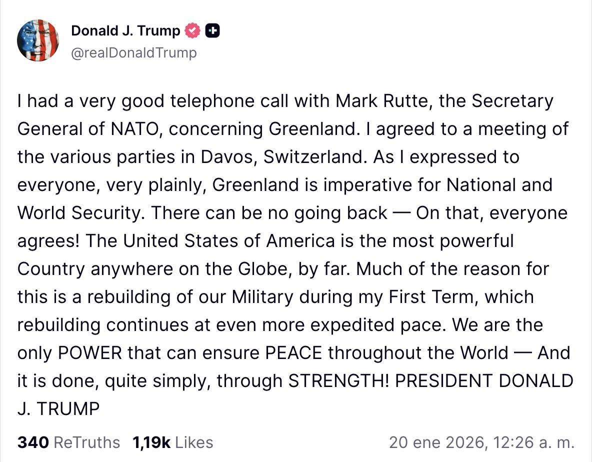 Truth Social de Trump sobre Rutte y Groenlandia.