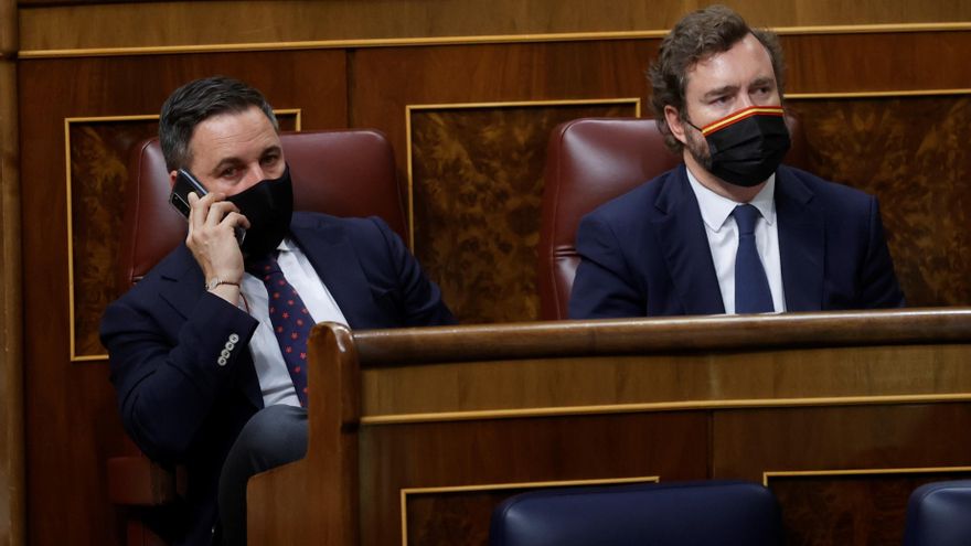 El líder de Vox, Santiago Abascal (i) y su portavoz parlamentario, Iván Espinosa de los Monteros (d) en el Congreso este miércoles. EFE/ Juan Carlos Hidalgo