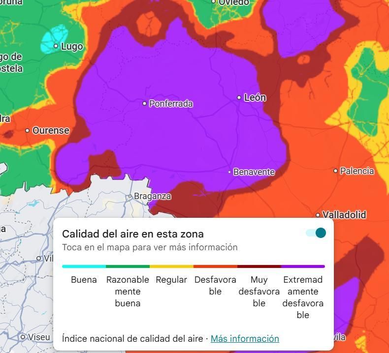 Estado de la calidad del aire de la provincia de León el lunes 18 de agosto.