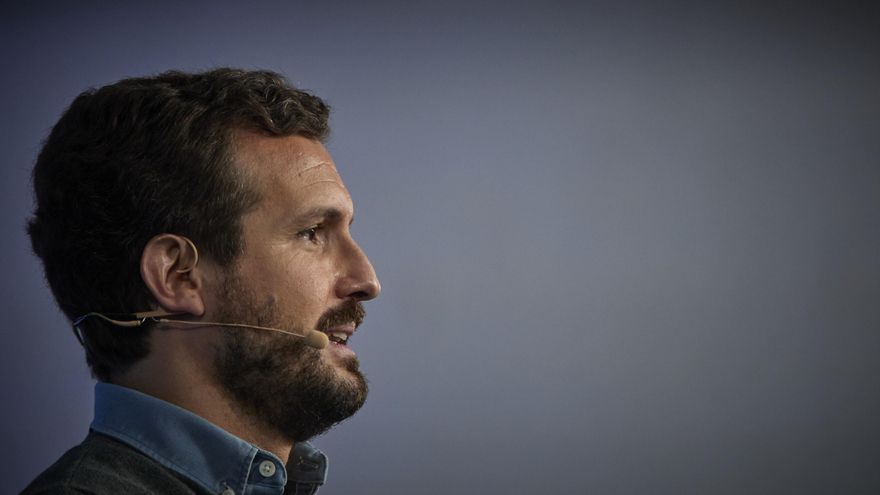 El presidente del Partido Popular, Pablo Casado participa en el XV Congreso Nacional de Nuevas Generaciones del PP en Espacio Jorge, a 10 de abril de 2021, en Madrid (España).