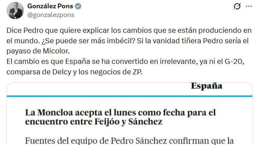 Imagen del tuit de González Pons borrado minutos después.