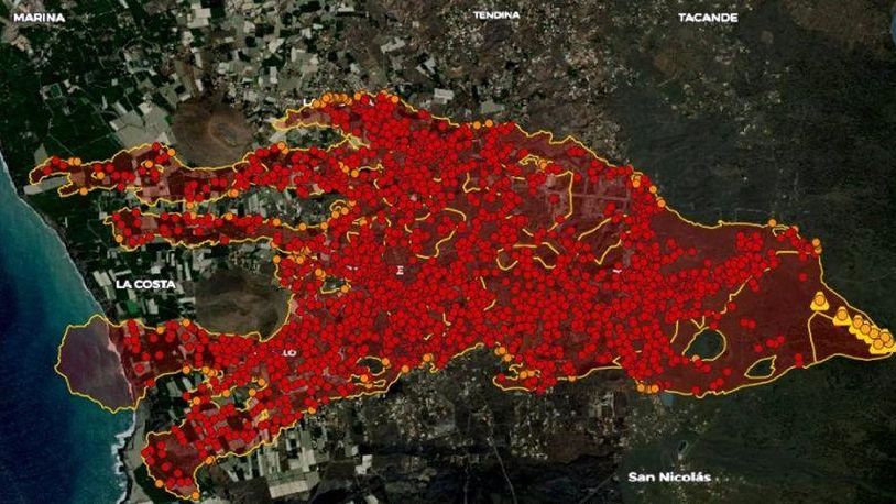 Mapa de las coladas de lava en La Palma según la actualización del satélite Copernicus este miércoles por la tarde.