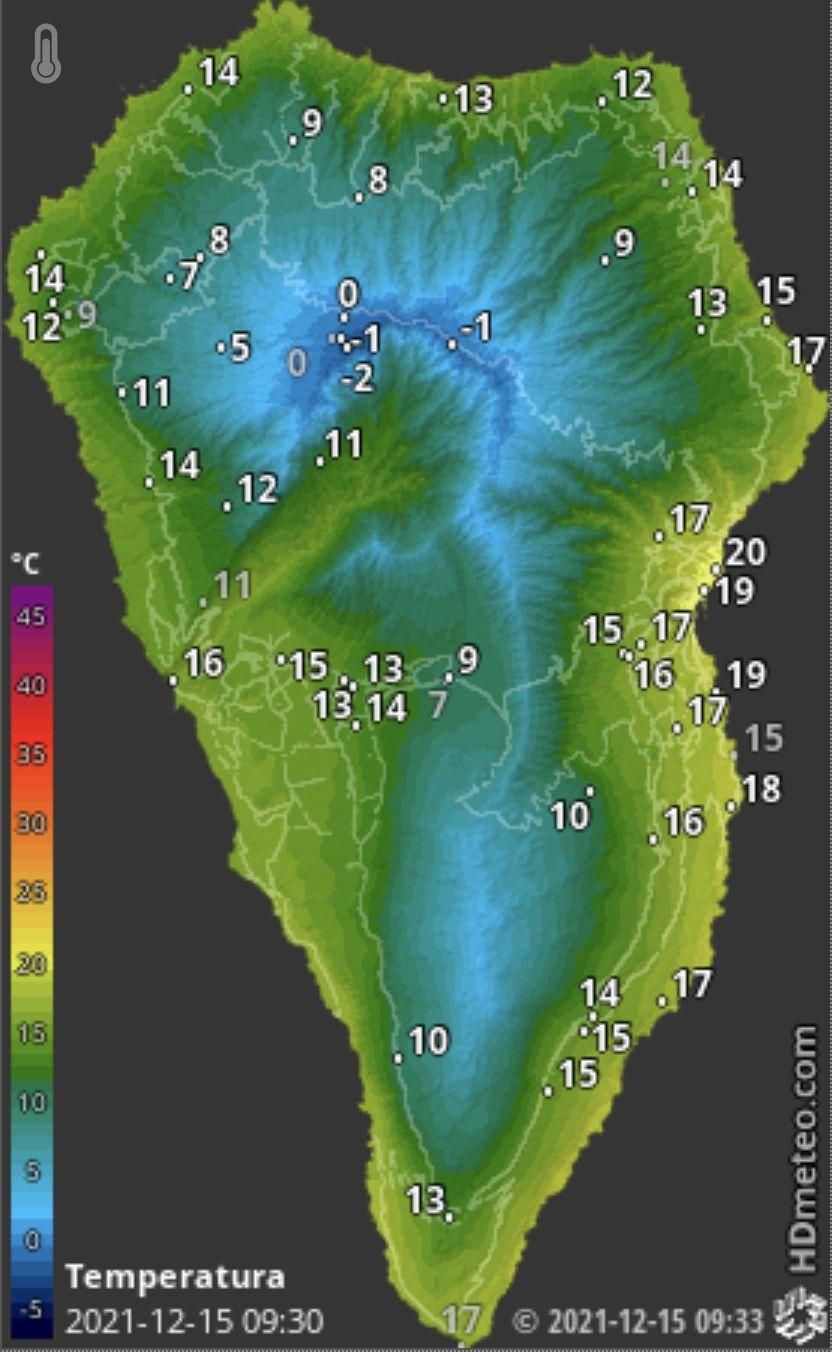 Mapa de HD Meteo  La Palma donde se indica, a las 09.33 horas, la temperatura que se registra en distintos puntos de la Isla.