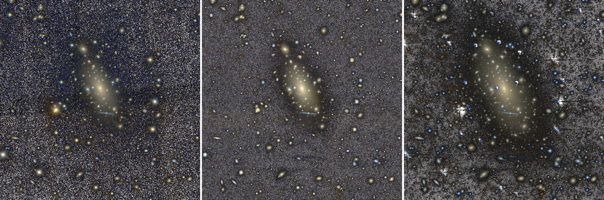 Comparación de tres imágenes de la galaxia IC 1101 obtenidas con distintos telescopios. De izquierda a derecha, las imágenes del SDSS, DESI Legacy Imaging Surveys y el Telescopio Isaac Newton (INT). La observación del INT, con más de cuatro horas de exposición, permite detectar estructuras mucho más débiles y extensas alrededor de la galaxia.
