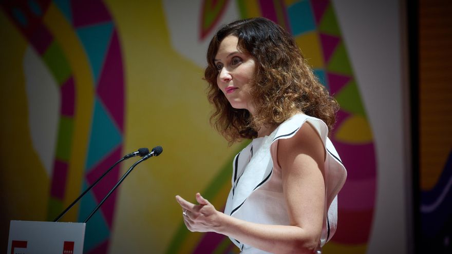 La presidenta de la Comunidad de Madrid, Isabel Díaz Ayuso, interviene durante la presentación de la programación de Hispanidad 2024, en la Real Casa de Correos, a 10 de julio de 2024, en Madrid (España). Durante el acto, se han presentado las actividades