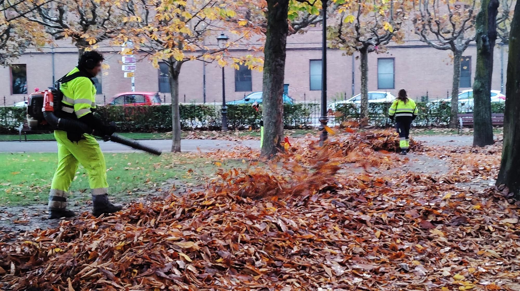 Un operario sopla las hojas caducas en el Jardín de San Francisco.