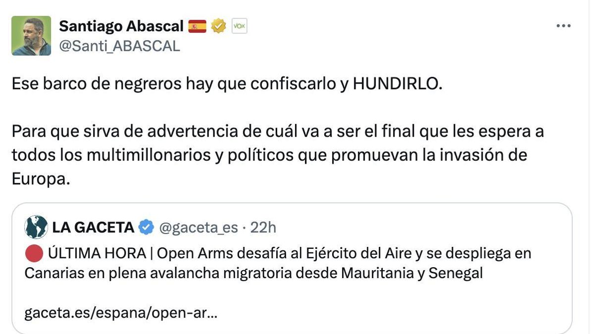 Imagen del post en X de Santiago Abascal sobre el Open Arms.